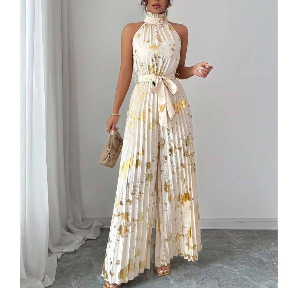 High-Neck Wide Leg Jumpsuit in Cream with Gold Accents